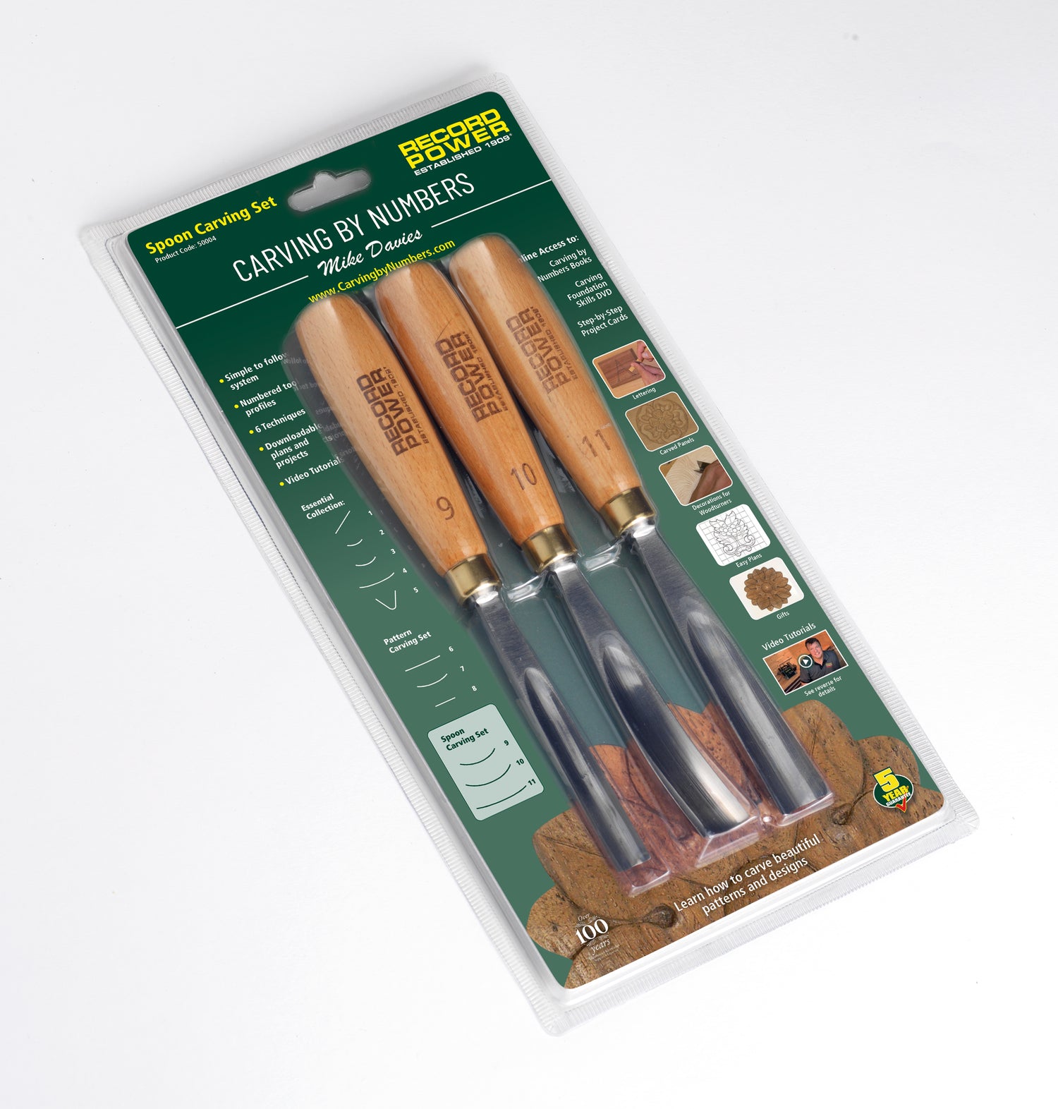 Set di 3 sgorbie da intaglio in acciaio cromo-vanadio per la realizzazione di cucchiai, spatole e utensili in legno, con sistema Carving by Numbers.
