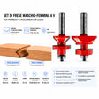 Set di 2 frese in metallo duro IGM M142 per giunzione maschio-femmina a V su pavimenti in legno e pannelli da rivestimento. Diametro 50,8 mm, gambo 12 mm, altezza di taglio 29,65 mm. Compatibile con spessori 19,05–25,4 mm. Uso su tavola fresatrice e CNC con guida parallela.