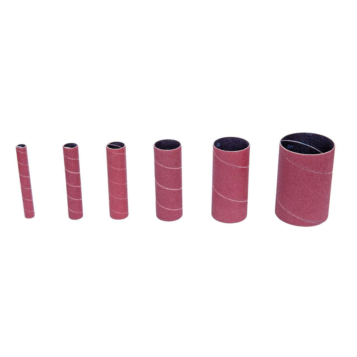 Set di manicotti abrasivi cilindrici grana K80 con diametri da 13 a 76 mm utilizzati per levigatura e sbavatura di componenti metallici con levigatrice OVS 40.