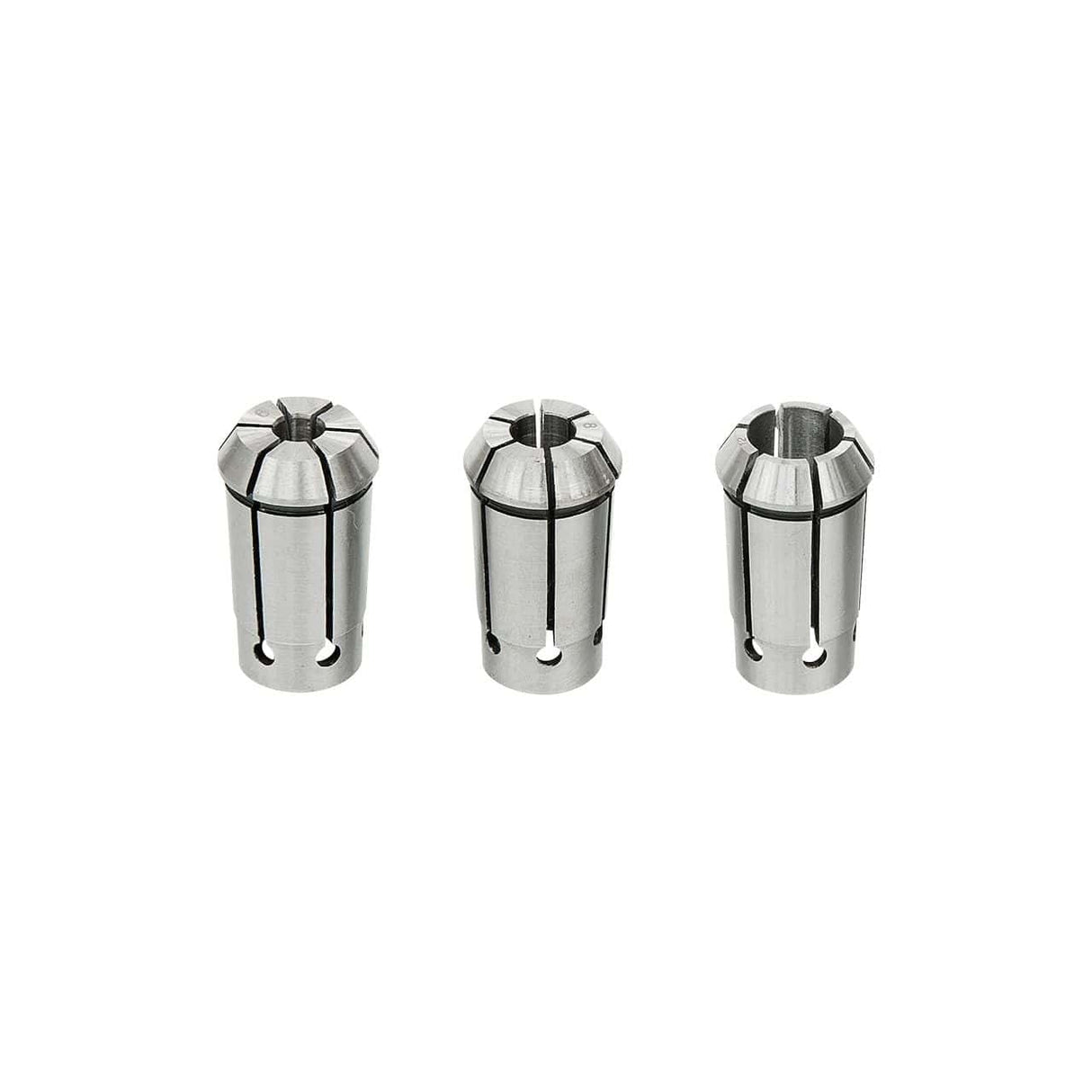 Set di 3 pinze Bernardo in acciaio temprato (6, 8, 12 mm), compatibili con la fresatrice T 500 PF, per serraggio preciso e sicuro degli utensili.