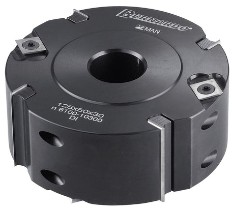 Testa per battuta Ø125 mm con 4 taglienti e 4 controtaglienti, altezza 50 mm e foro 30 mm, ideale per battute e spigoli su legno massello o pannelli.