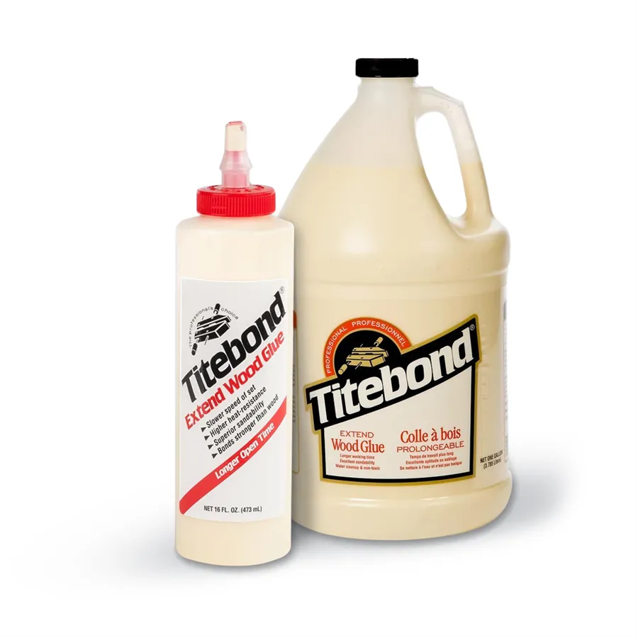 Flacone di Titebond Colla Estendere, adesivo PVA a presa lenta con tempo aperto esteso, ideale per assemblaggi complessi, laminazioni curve e incollaggi professionali.