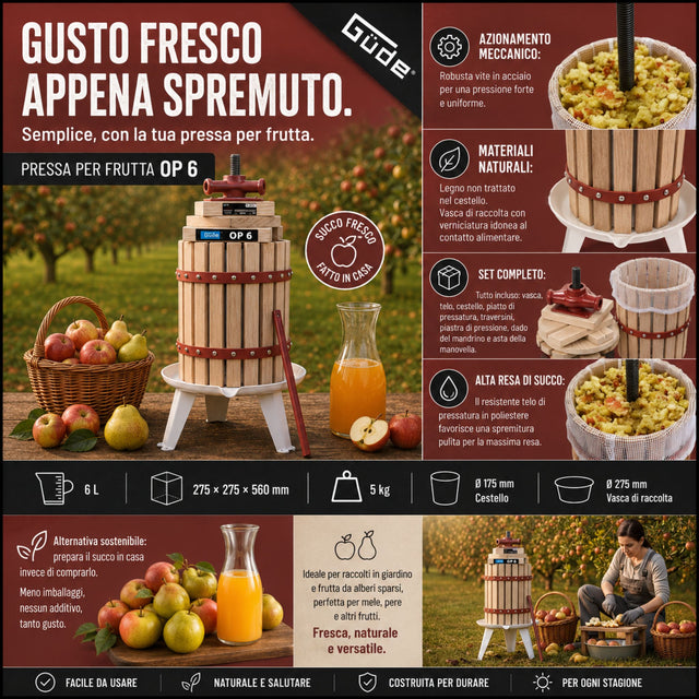 Torchio manuale Güde OP 6 con capacità di 6 litri, ideale per la spremitura di frutta e la produzione artigianale di succhi e mosto.