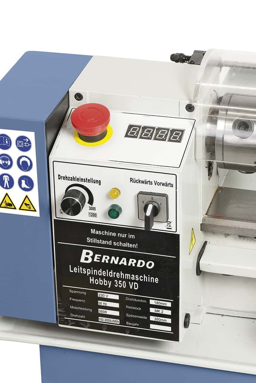 Bernardo Hobby 350 VD Metalldrehmaschine – 350 mm Spitzenweite, digitale Drehzahlanzeige + Schlitten, automatischer Vorschub, 0,35 kW Motor, 230 V Einphasenstrom, Gewicht 44 kg