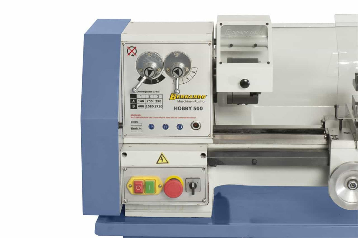 Bernardo Hobby 500 Metalldrehmaschine (230 V) – 500 mm Spitzenweite, automatischer Vorschub, 0,55 kW Motor, 230 V Einphasenstrom, Gewicht 130 kg
