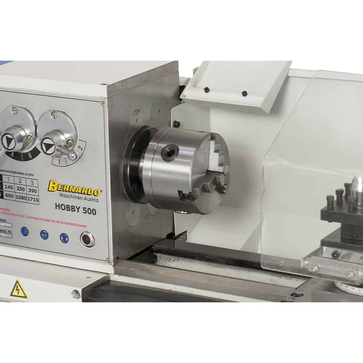 Bernardo Hobby 500 Metalldrehmaschine (400 V) – 500 mm Spitzenweite, automatischer Vorschub, 0,55 kW Motor, 400 V Drehstrom, Gewicht 130 kg