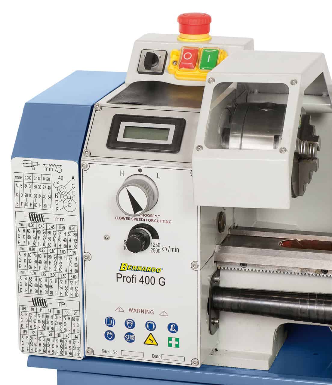 Bernardo Profi 400 G Metalldrehmaschine – Spitzenweite 400 mm, Ø 210 mm am Bett, Spindelbohrung Ø 21 mm Kegel MK 3, 0,6 kW 230 V Einphasenmotor, digitale Drehzahlanzeige, Gewicht 60 kg
