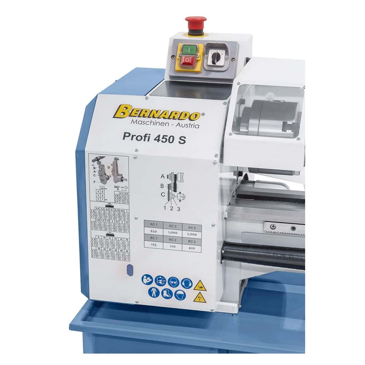 Bernardo Profi 450 S Metalldrehmaschine – Spitzenweite 450 mm, Ø 230 mm am Bett, Spindelbohrung Ø 20 mm Kegel MK 3, Motor 0,9 kW 230 V Einphasenstrom, Gewicht 112 kg