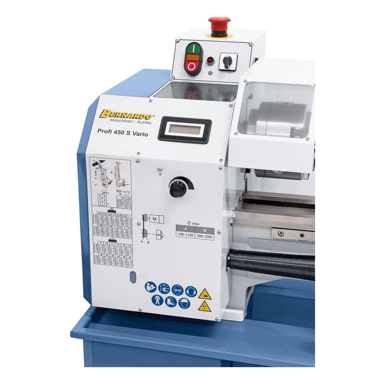 Bernardo Profi 450 S Vario Metalldrehmaschine – Spitzenweite 450 mm, Ø 230 mm am Bett, Spindelbohrung Ø 20 mm Kegel MK 3, 0,9 kW 230 V Einphasenmotor, digitale Drehzahlanzeige, Gewicht 112 kg