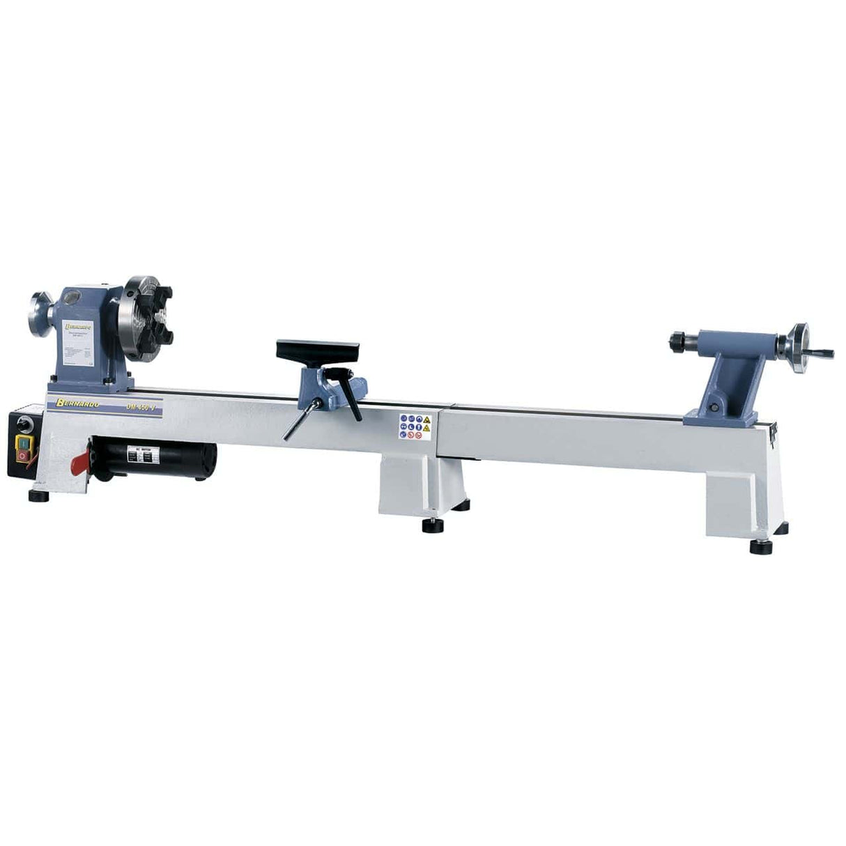 Tornio per legno Bernardo DM 450 V – distanza punte 420 mm (fino 980 mm con prolunga), Ø 260 mm su bancale, M33 × 3,5 mandrino, motore 0.37 kW 230V monofase, peso 34 kg