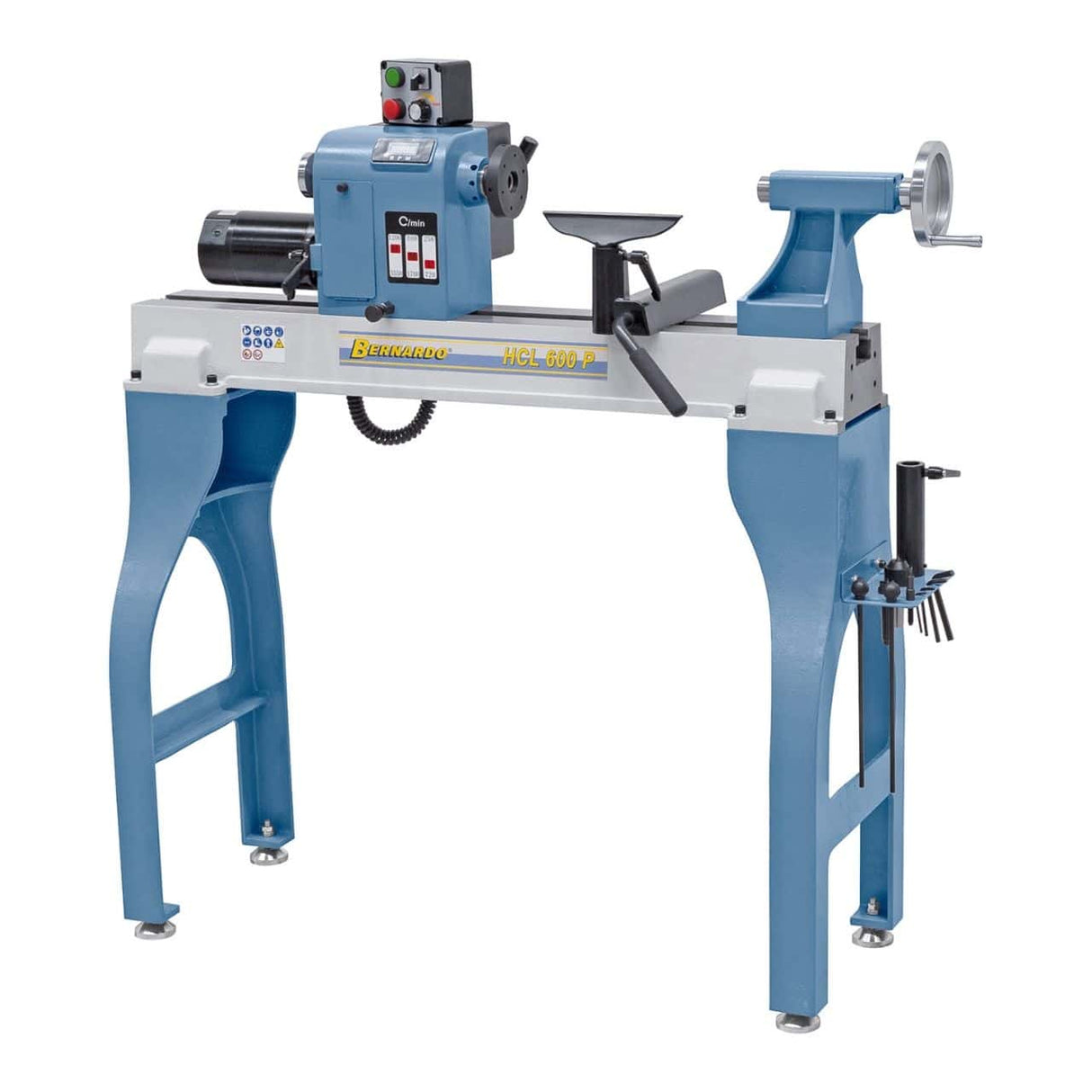 Bernardo HCL 600 P Holzdrehmaschine – Spitzenweite 600 mm (bis zu 1180 mm mit Verlängerung), Ø 370 mm am Bett, Spindel M33 × 3,5, 0,75 kW 230-V-Einphasenmotor, LED-Anzeige, Gewicht 125 kg