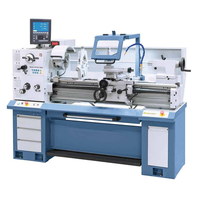 Tornio Bernardo Master 410 Pro Vario con distanza punte 1000 mm, foro mandrino Ø 52 mm e variatore di velocità, completo di visualizzatore digitale a 3 assi ES-12 V.