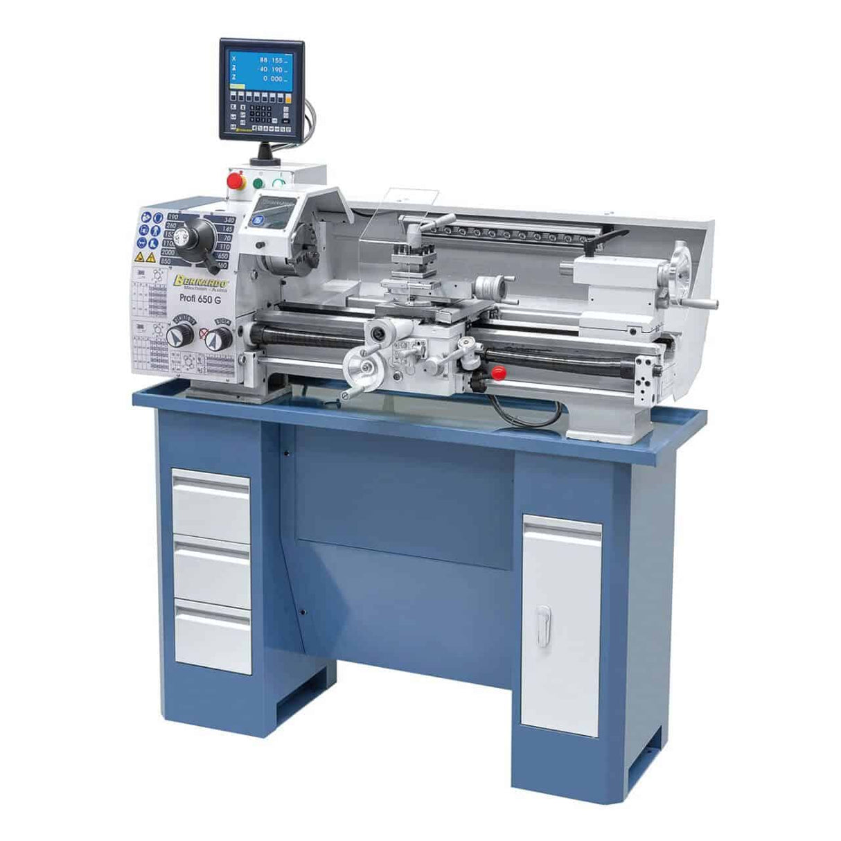 Tornio Bernardo Profi 650 G / 400 V con cambio a 12 velocità, bancale temprato e visualizzatore digitale 2 assi ES-12 V.