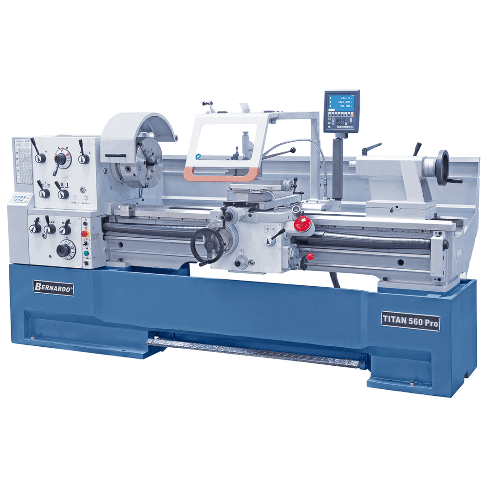 Tornio Bernardo TITAN 560 x 2000 Pro, mandrino Ø 315 mm, DRO 3 assi ES-12 V e motore 7,5 kW, ideale per officine meccaniche.