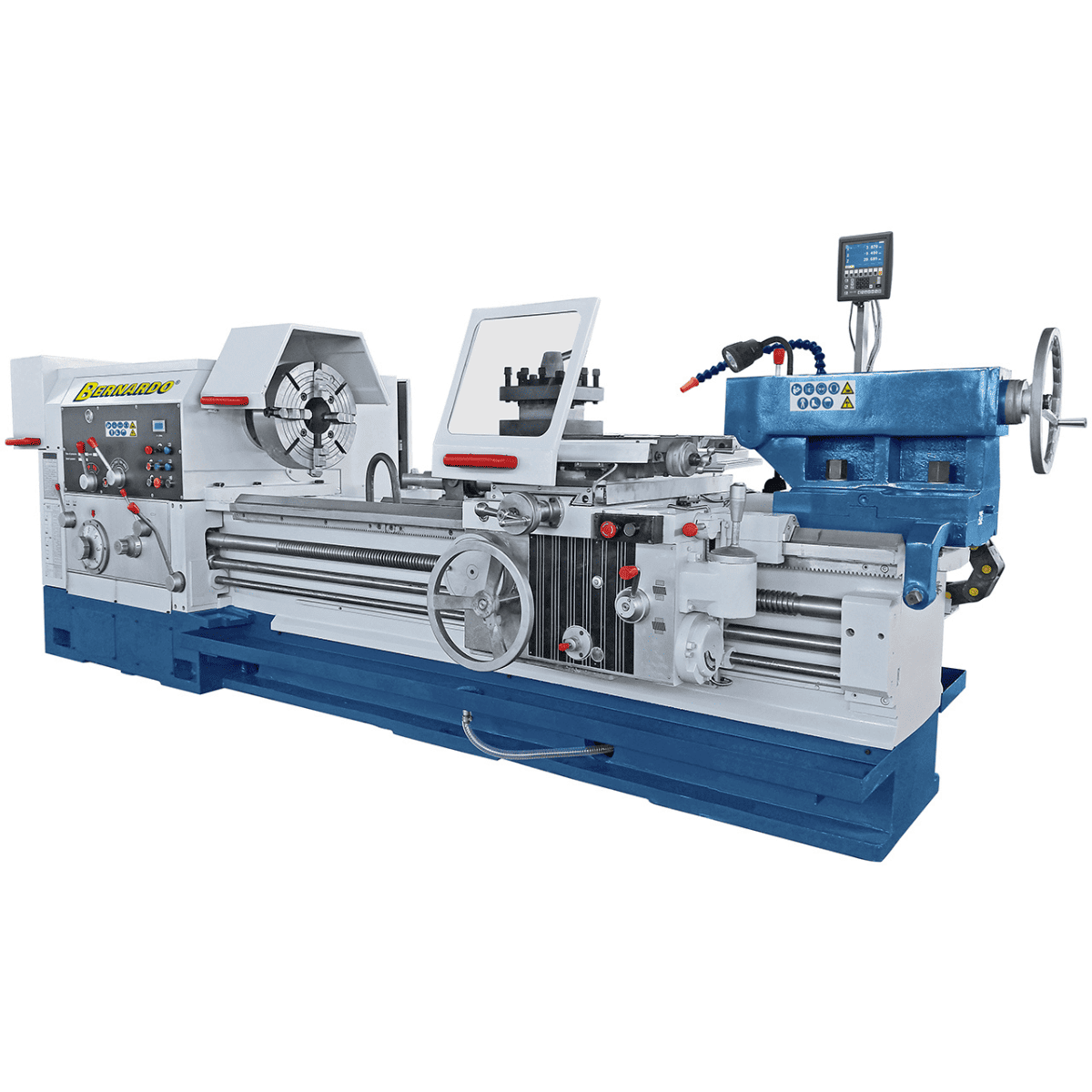 Tornio pesante Bernardo RDM 225 per tubi con DRO 3 assi, foro mandrino 225 mm e mandrini Ø 500–520 mm inclusi.