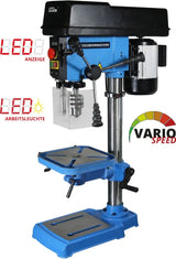 Trapano a colonna Guede GTB 16/500 VARIO con regolazione continua della velocità, laser di posizionamento e luce LED, ideale per lavorazioni di precisione.