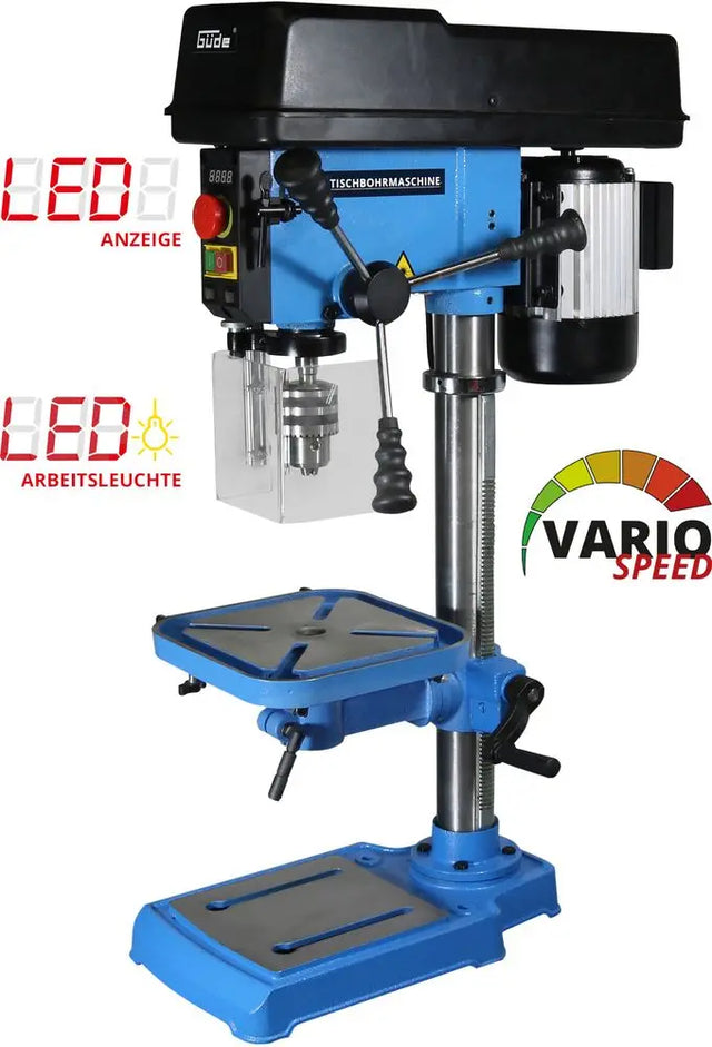 Trapano a colonna Guede GTB 16/500 VARIO con regolazione continua della velocità, laser di posizionamento e luce LED, ideale per lavorazioni di precisione.