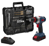 Trapano avvitatore Guede BS 18 con batteria 18V, caricabatterie rapido e set completo da 126 accessori in valigetta rigida con chiusure metalliche.