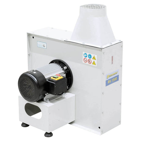 Ventilatore centrifugo Bernardo RV 2200 400 V con portata da 4000 m³/h e girante bilanciata in acciaio, ideale per aspirazione di trucioli, fumi e polveri industriali.