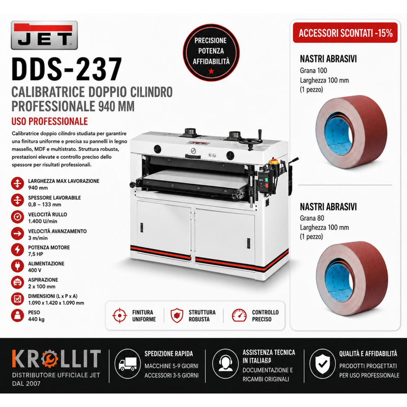 Jet DDS-237 940 mm Doppelwalzen-Schleifmaschine Kombi + Schleifbandrollen 75 mm und 100 mm