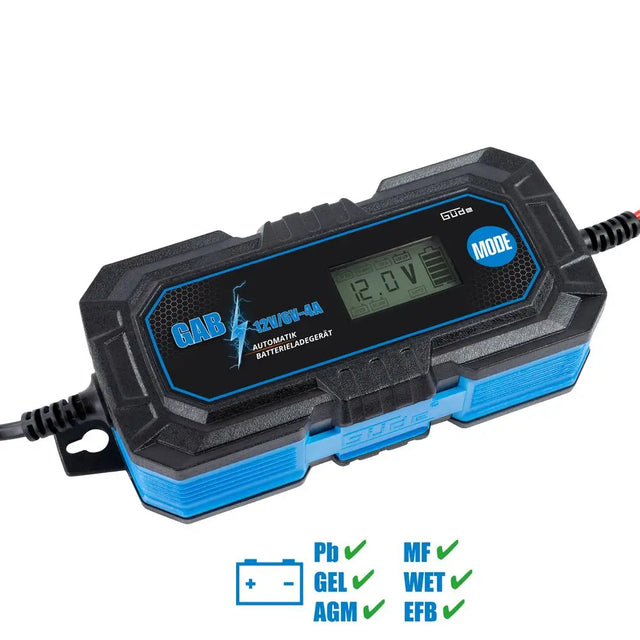 Caricabatterie automatico Güde GAB 12V/6V-4A con display LCD, morsetti isolati e tecnologia inverter per batterie auto e moto