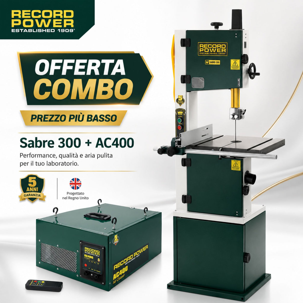 Combo Record Power con sega a nastro Sabre 300 e sistema di filtraggio aria AC400 per falegnameria