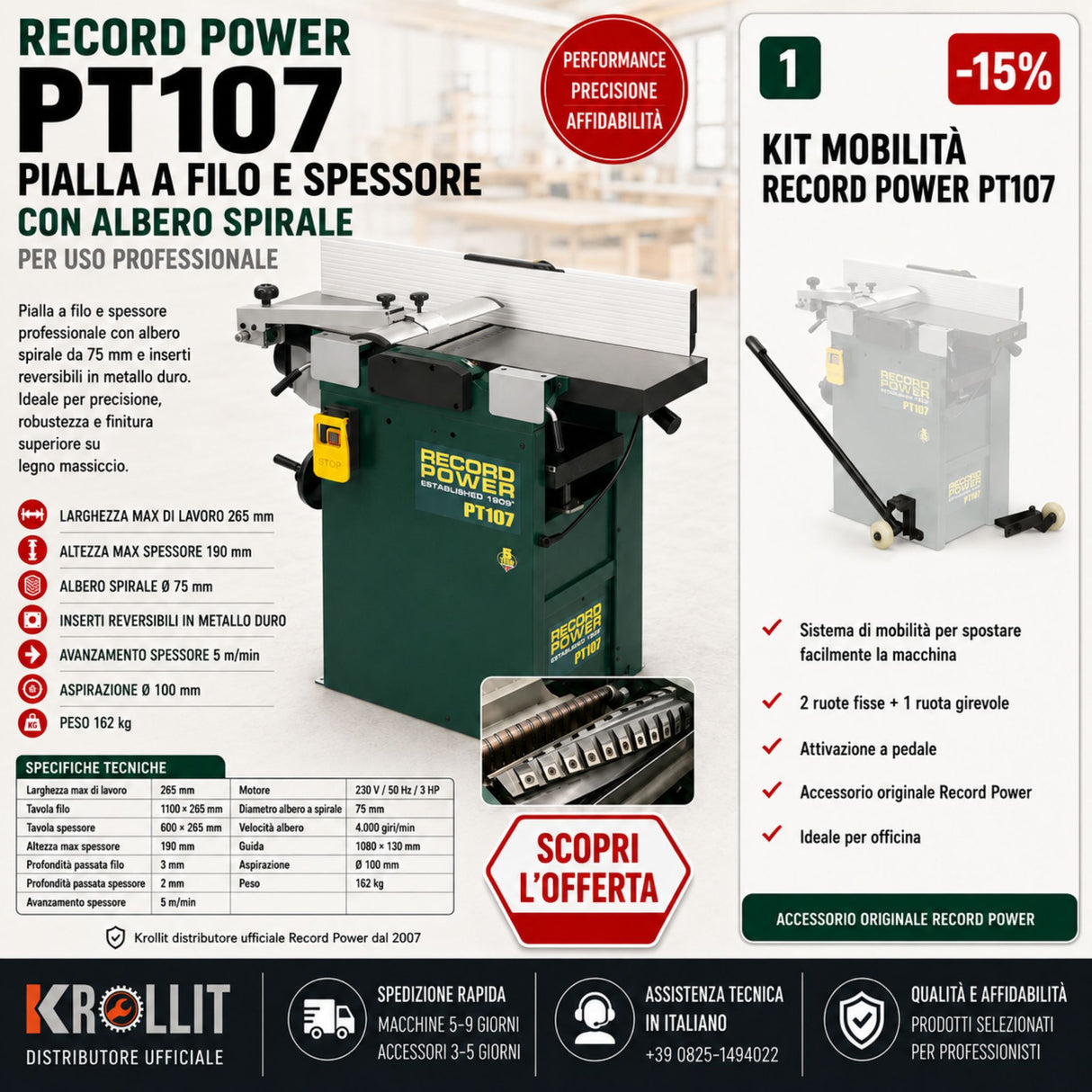 Pialla a filo e spessore Record Power PT107 con albero a spirale e kit ruote