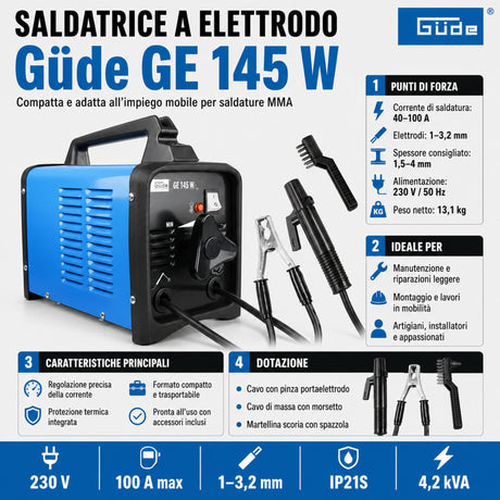 Saldatrice a elettrodo Güde GE 145 W, inverter MMA portatile monofase 230V