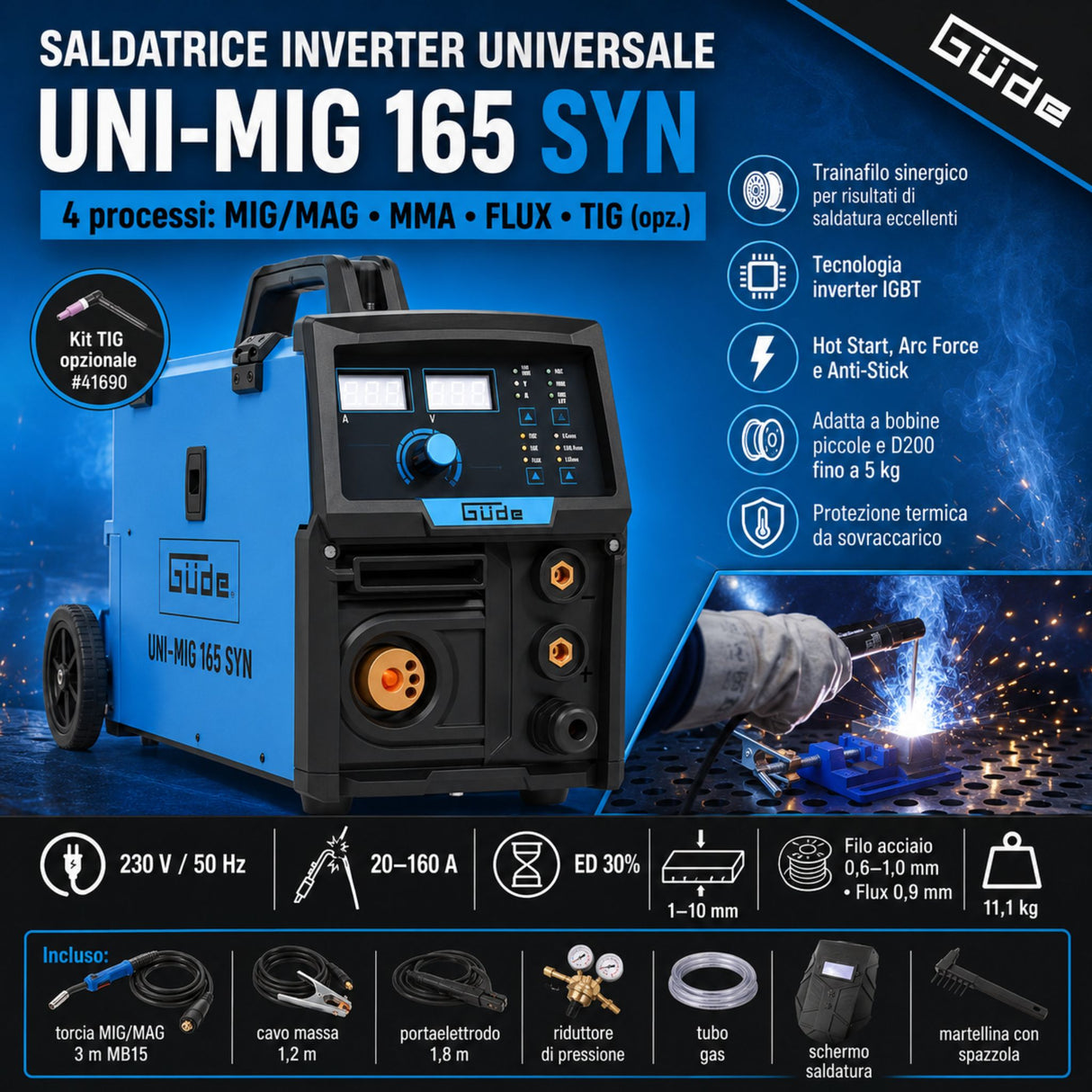 Saldatrice inverter Güde Uni-Mig 165 SYN 230V monofase con traino filo synergic e tecnologia IGBT
