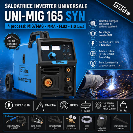Saldatrice inverter Güde Uni-Mig 165 SYN 230V monofase con traino filo synergic e tecnologia IGBT
