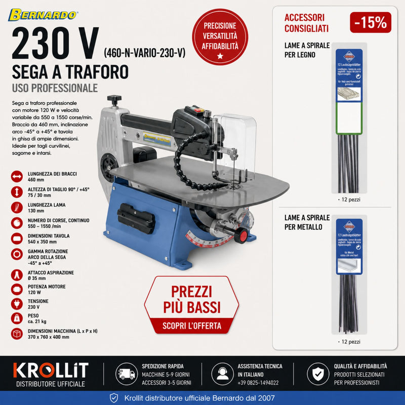 Bernardo 460 N Vario 230 V Dekupiersäge Kombi + 130-mm-Stiftsägeblätter für Holz (12 Stk.) + 130-mm-Stiftsägeblätter für Metall (12 Stk.)