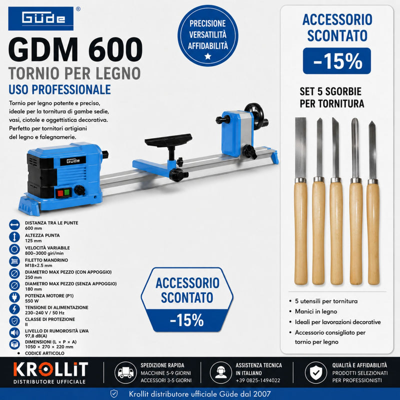Güde GDM 600 Drechselbank Kombi + 5-teiliges Drechselbeitel-Set