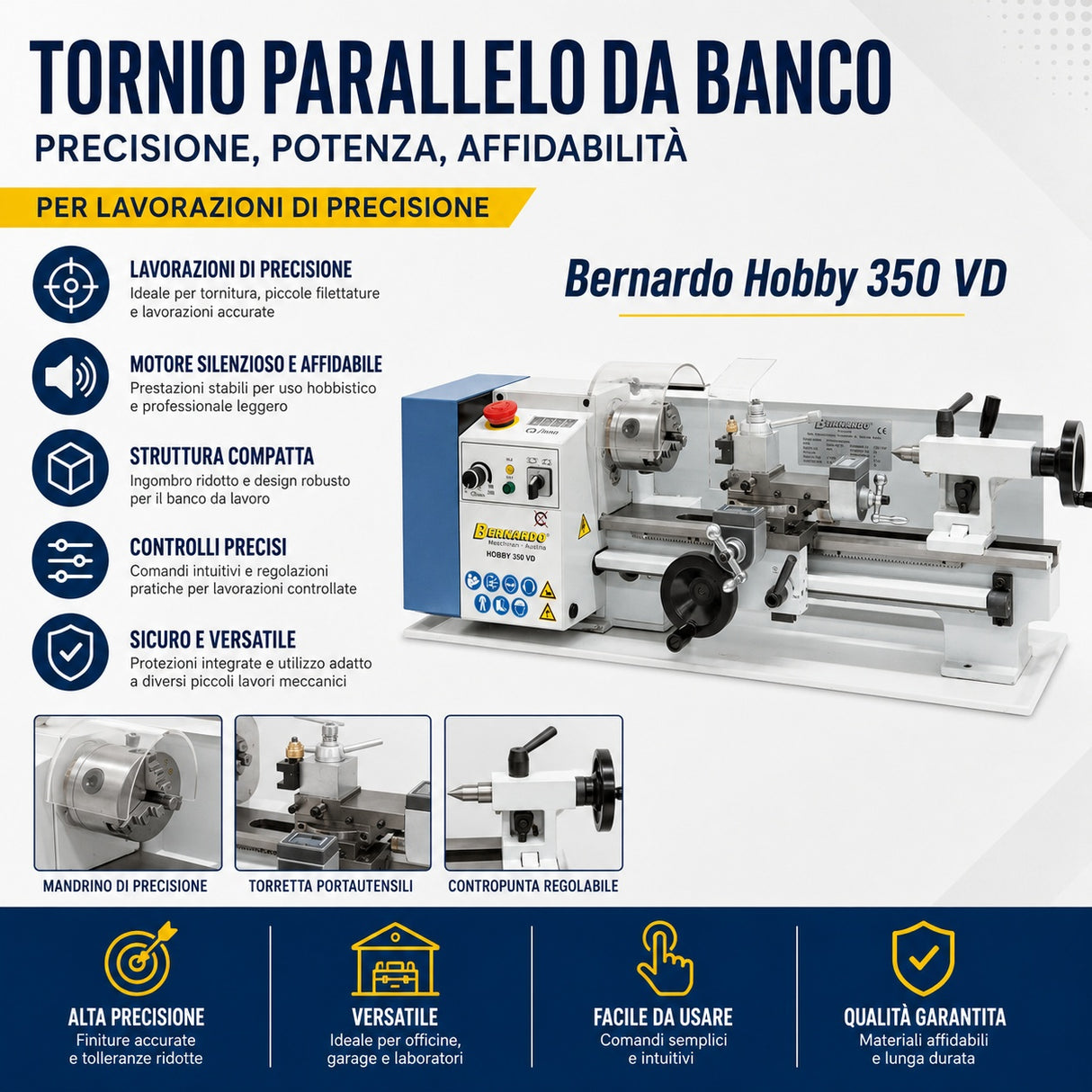 Bernardo Hobby 350 VD Metalldrehmaschine – 350 mm Spitzenweite, digitale Drehzahlanzeige + Schlitten, automatischer Vorschub, 0,35 kW Motor, 230 V Einphasenstrom, Gewicht 44 kg