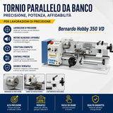 Bernardo Hobby 350 VD Metalldrehmaschine – 350 mm Spitzenweite, digitale Drehzahlanzeige + Schlitten, automatischer Vorschub, 0,35 kW Motor, 230 V Einphasenstrom, Gewicht 44 kg
