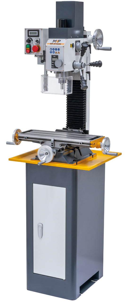 Trapano-fresatrice M4P MD 20 Vario montata su basamento SMD 2 con vasca raccoglitrucioli (accessorio opzionale), vista laterale destra